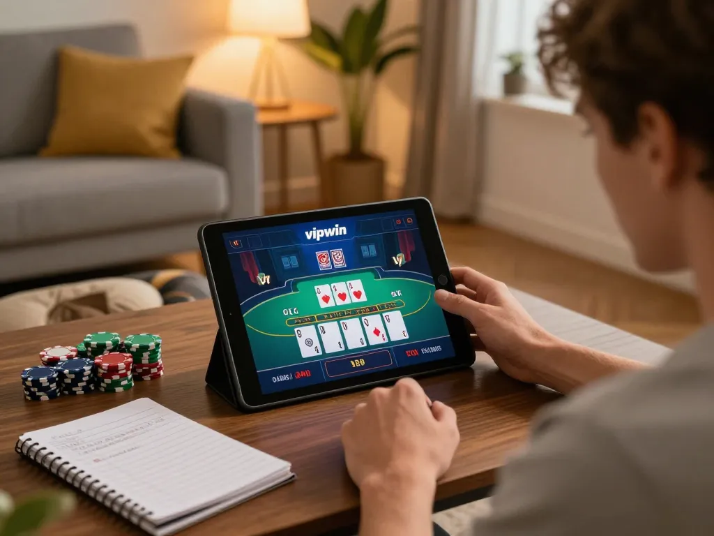 Player engaging in strategic blackjack gameplay using vipwin app, enjoying a cozy home setting.