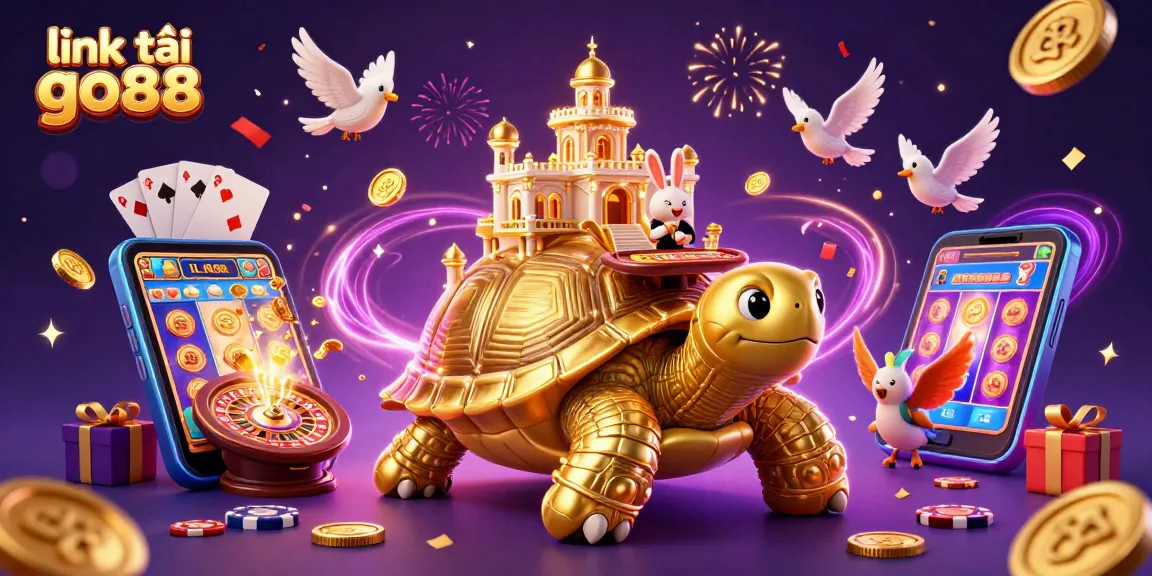 Experience the thrill of "link tải go88" with a vibrant 3D casino illustration featuring a golden tortoise and a rabbit dealer.