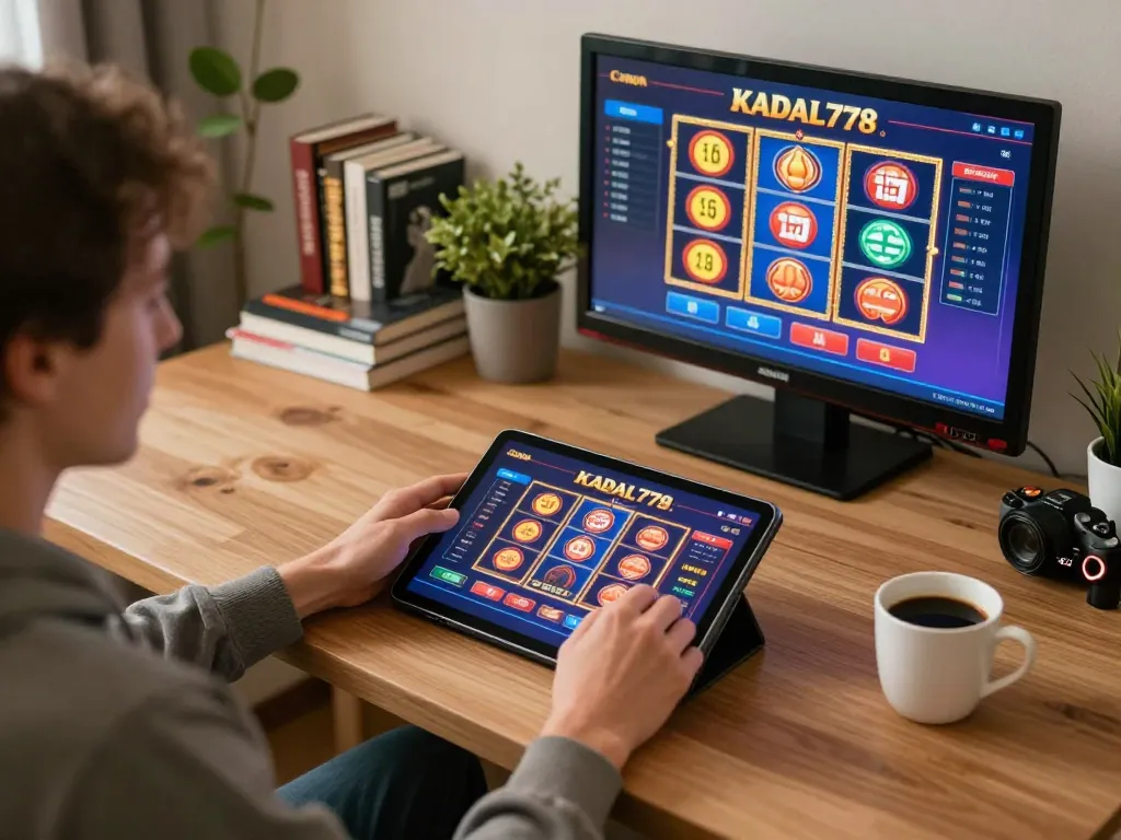 KADAL778 player enjoying exciting slots on tablet in a cozy home setting