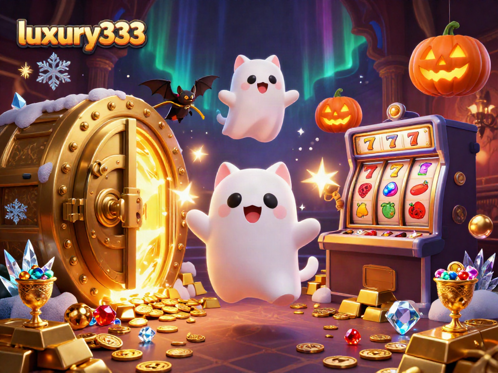 Ruang kasino mewah luxury333 dengan karakter lucu dan slot yang berkilau.