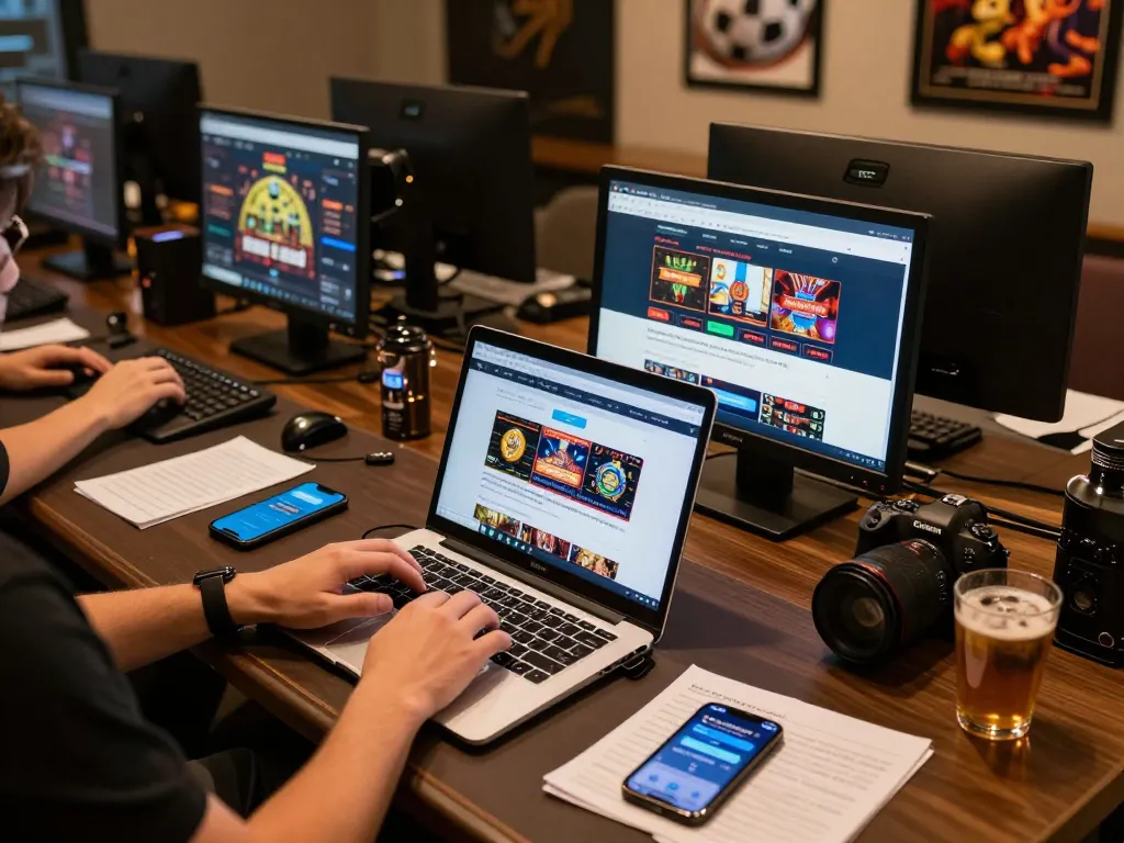 A player engaged in non Gamstop online gaming with laptop and smartphones on a stylish desk