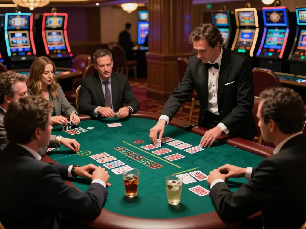Engaged players at an mb66 blackjack table strategizing their game under warm casino lights.