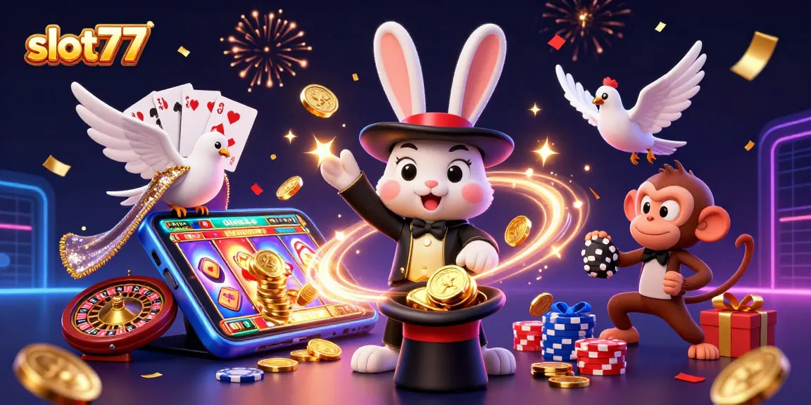Spin to win big with slot77! A magical casino scene of characters celebrating wins.
