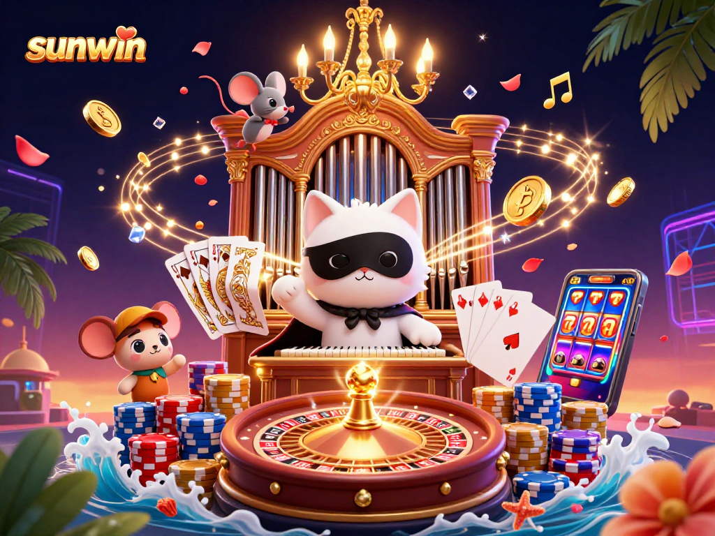 Experience exhilarating gameplay with sunwin's vibrant casino scene featuring a phantom cat and a mouse acrobat.