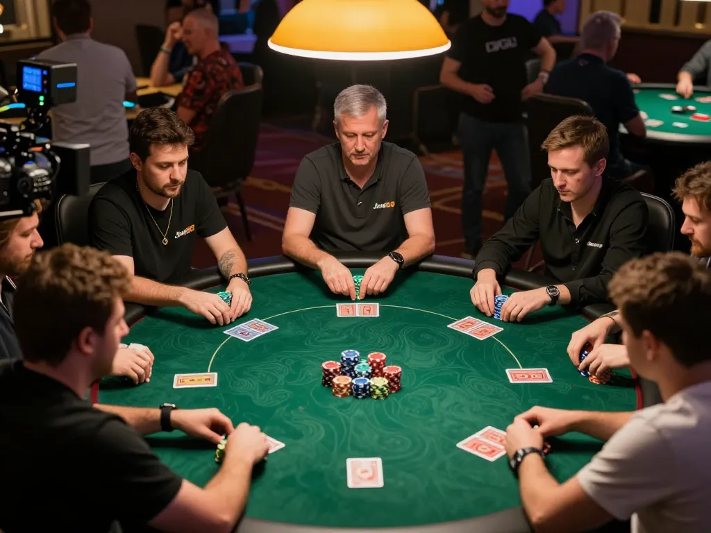 Intense poker gameplay at Jun88, players engaged with colorful chips and cards mid-action.