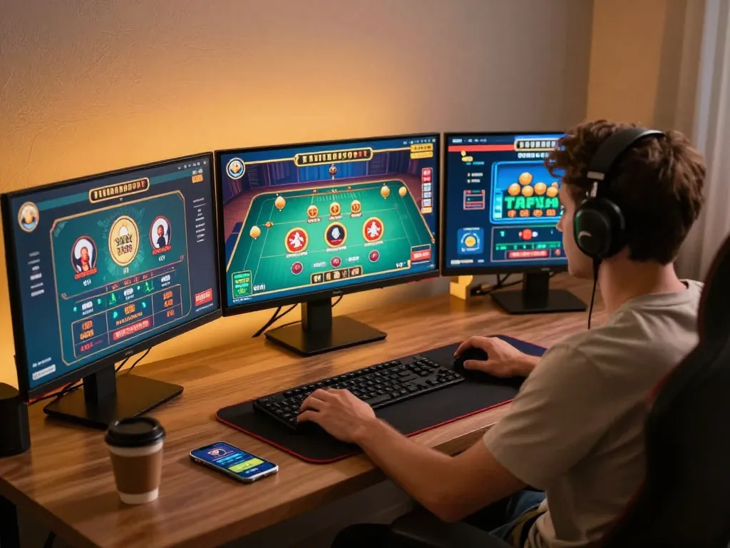 Nego77 online gaming setup with multiple screens showcasing casino games and a focused player.