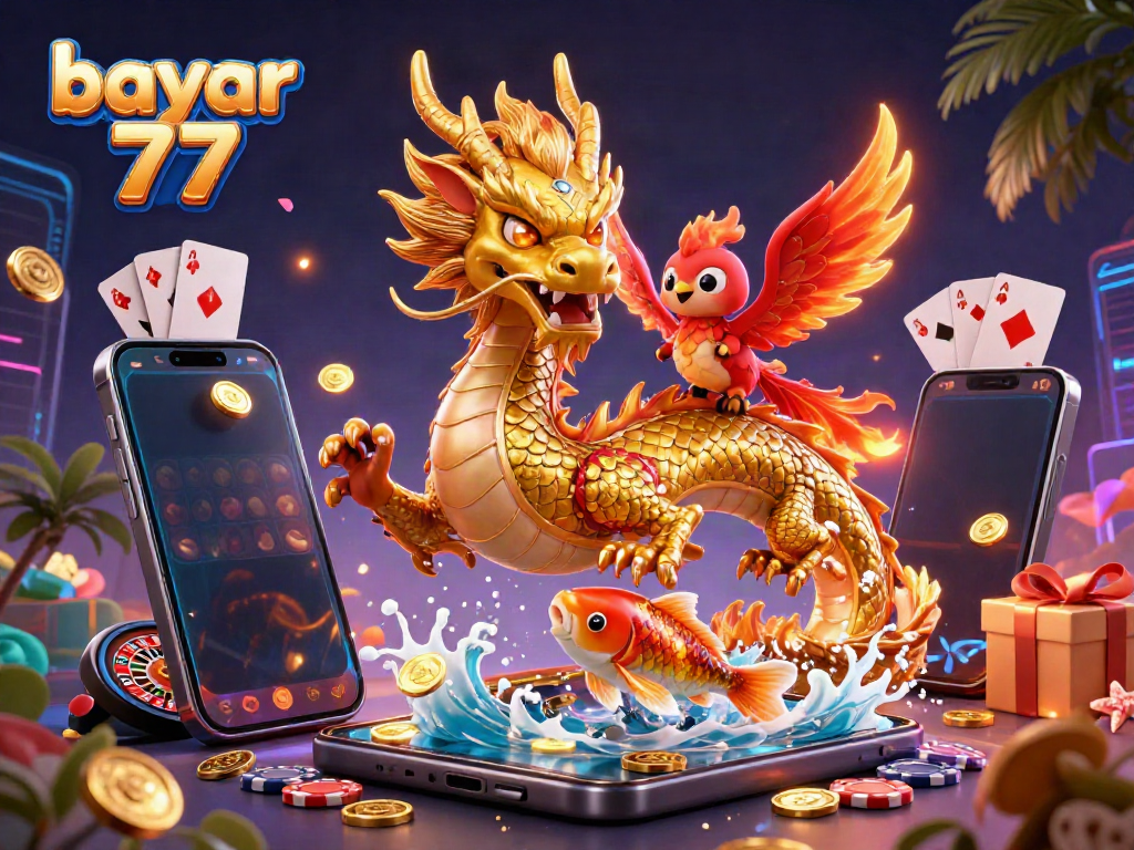 Experience seamless gaming with bayar 77, surrounded by dynamic characters and vibrant casino elements.