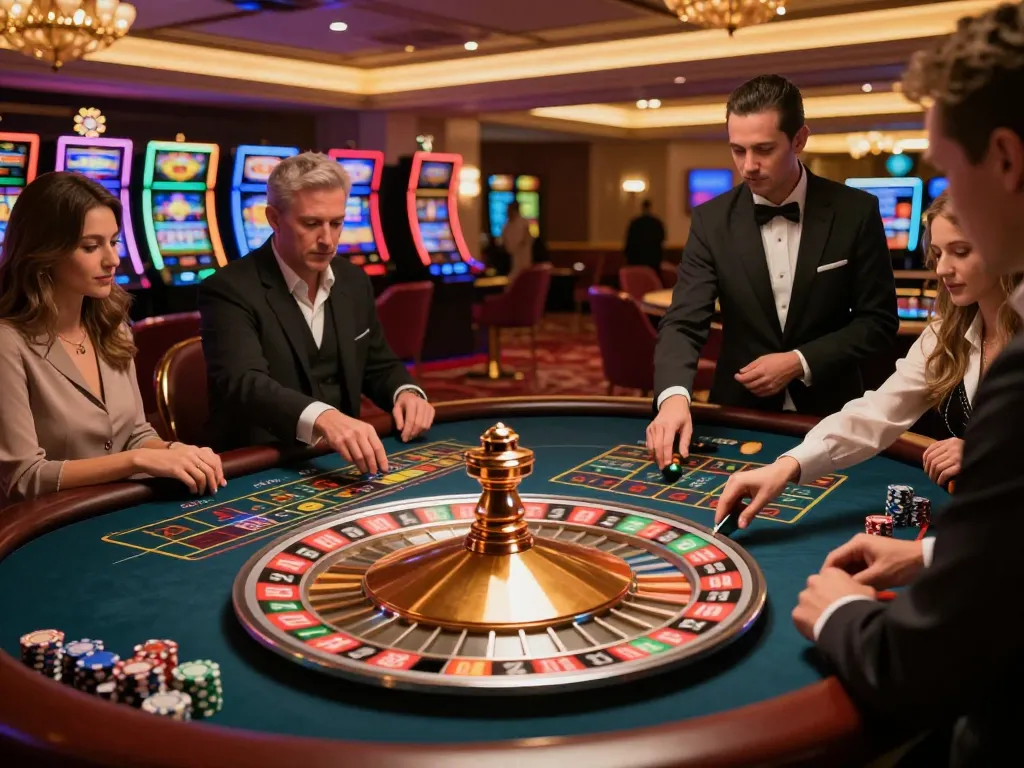 Players placing bets at the KO66 roulette table in a luxurious casino, showcasing excitement and strategy.