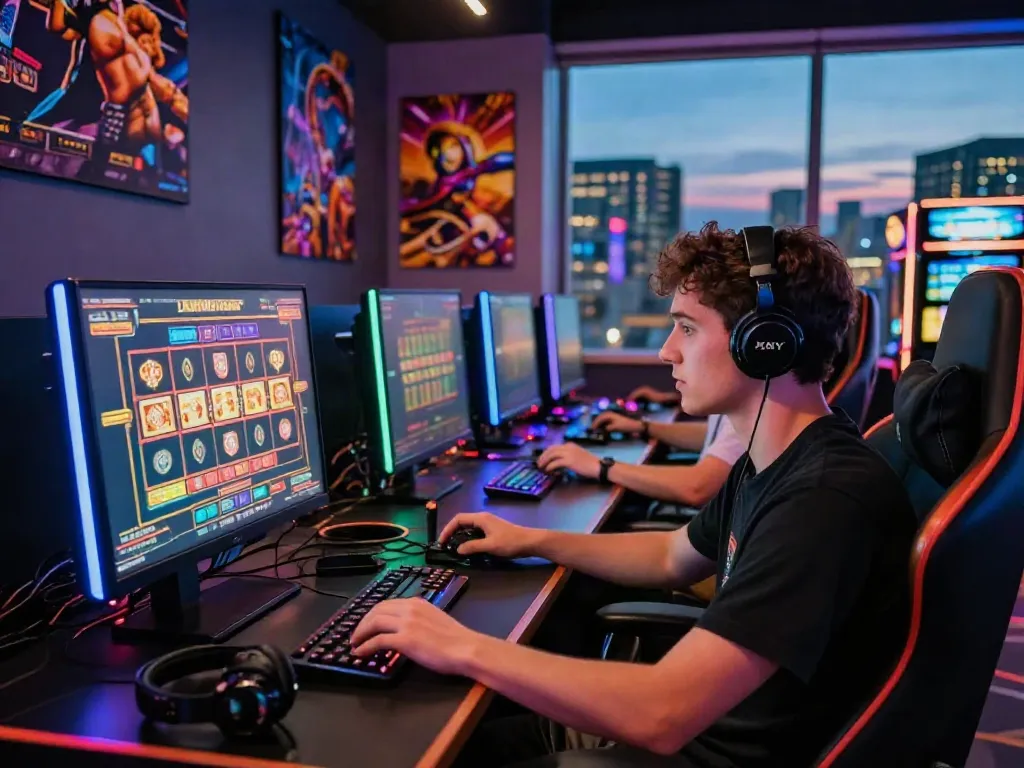 Akonjp immersive gaming setup featuring a focused player enjoying a colorful slot machine simulation.