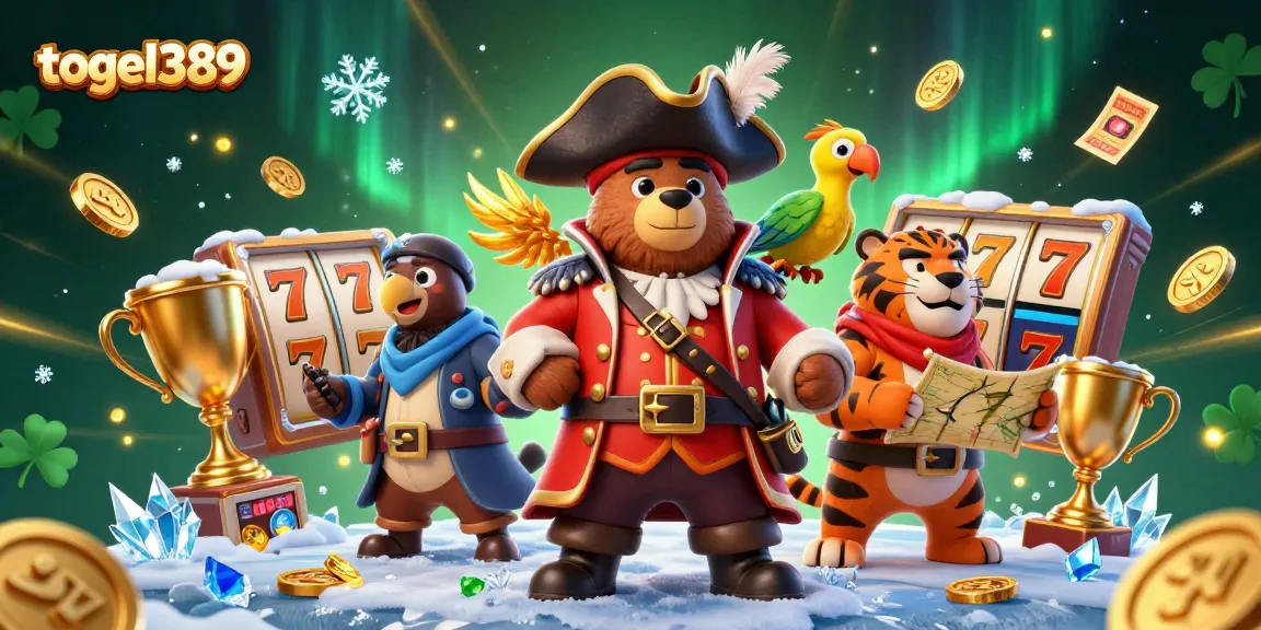 Togel389 players enjoying slot wins with pirate characters and mystical elements in a vibrant casino scene.
