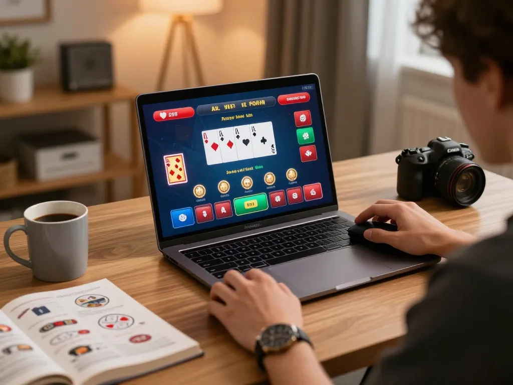 Player enjoying dn88 online poker on a laptop, showcasing vibrant casino graphics and strategic focus.