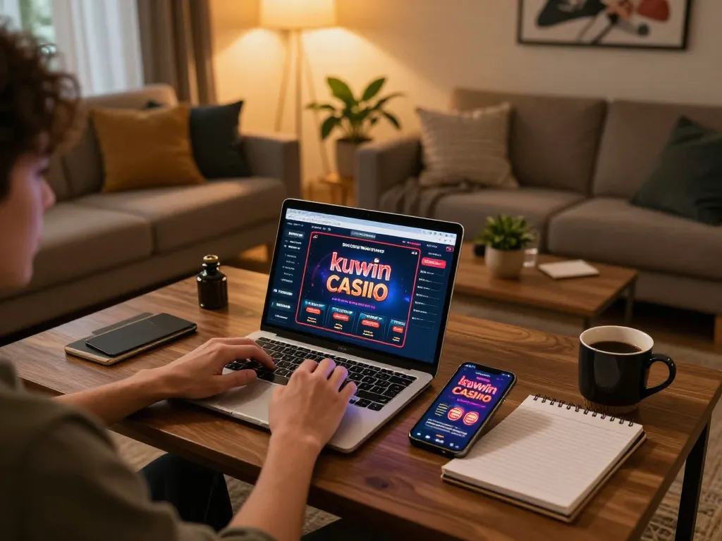 Engaging in the kuwin online casino experience using laptop and smartphone from a cozy home setup.