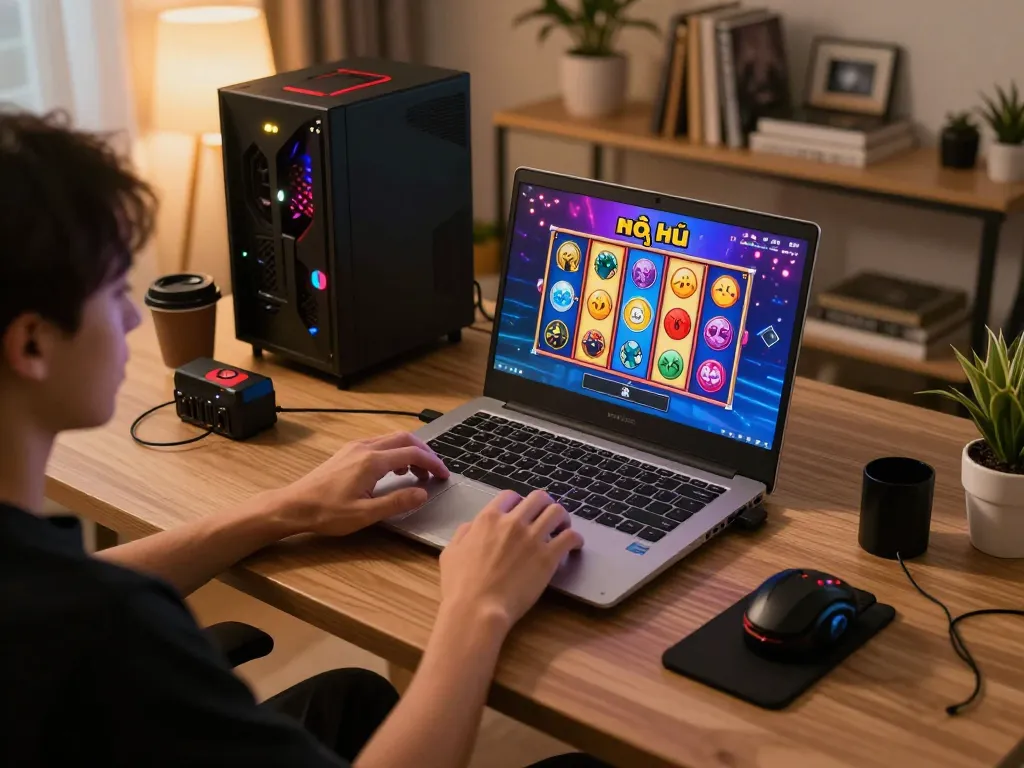 Engaging in nổ hũ gameplay on a laptop in a stylish home office.