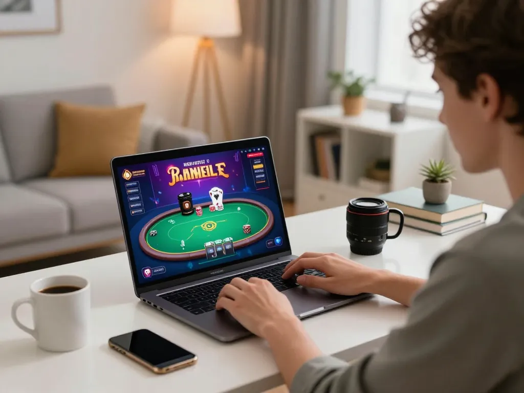 Player engaging in online gaming on kubet79 with poker interface, cozy home setup.