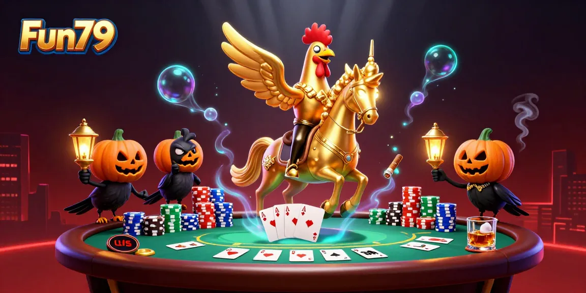 Experience thrilling gameplay at Fun79 with a golden rooster riding a spectral horse in a vibrant casino scene.