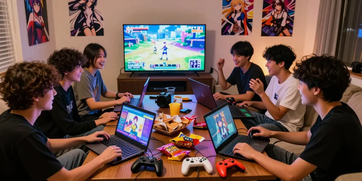 Friends enjoying anime-themed hentai games together in a cozy living room.