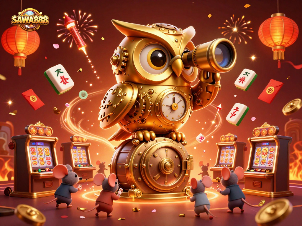 Experience the excitement of SAWA888 in a vibrant casino scene with golden owl and playful mice.