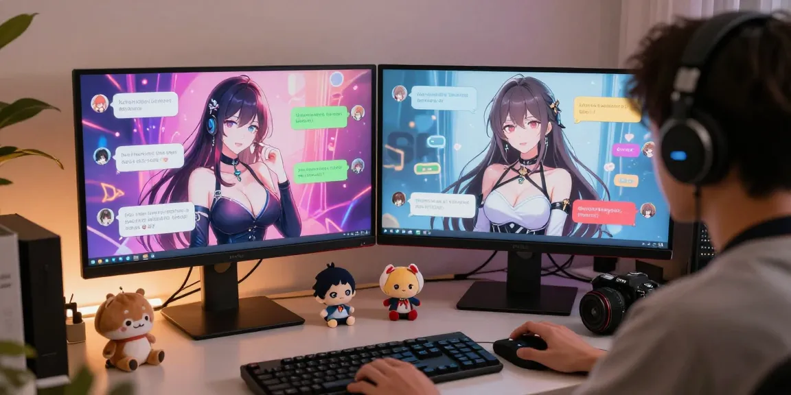 AI hentai chat interaction with animated characters and vibrant dialogue in a cozy home office.