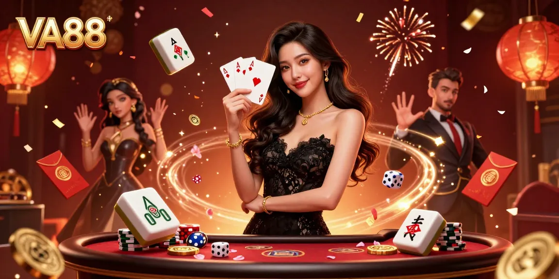 VA88 promo illustration showcasing an elegant woman with playing cards amidst an enchanting casino atmosphere.