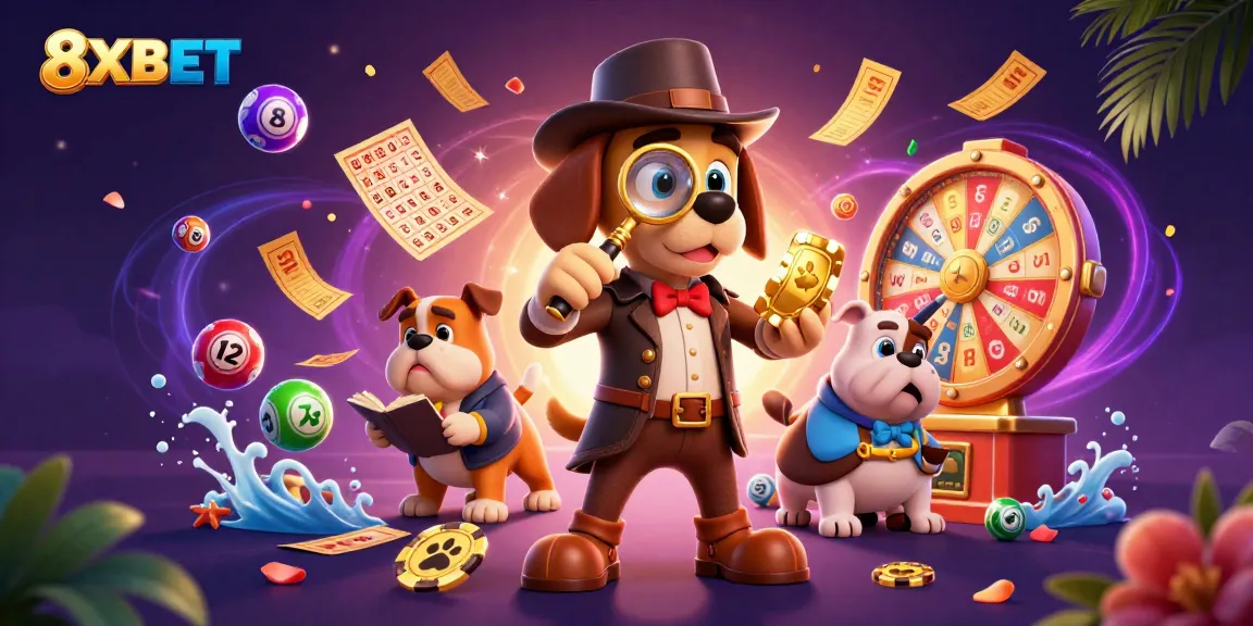 Experience 8XBET's exciting gaming world with a detective hunting for treasure amid vibrant casino elements.