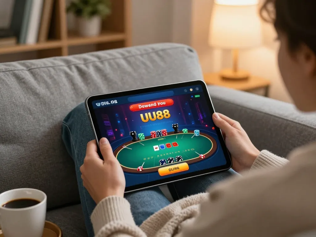 Engaging in online gambling at UU88 while enjoying a cozy atmosphere with a poker game on the tablet.