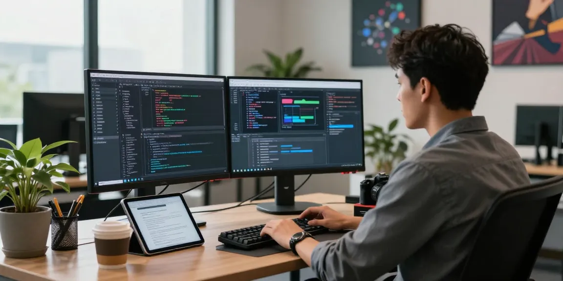 Developer di kantor modern menggunakan teknologi halte4d dengan semangat dan fokus, dikelilingi peralatan canggih.