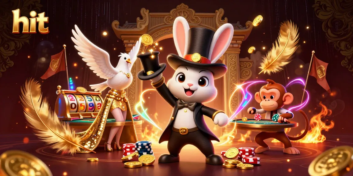 Hit the jackpot with this vibrant 3D scene of a magician rabbit, dove, and monkey immersed in casino action.