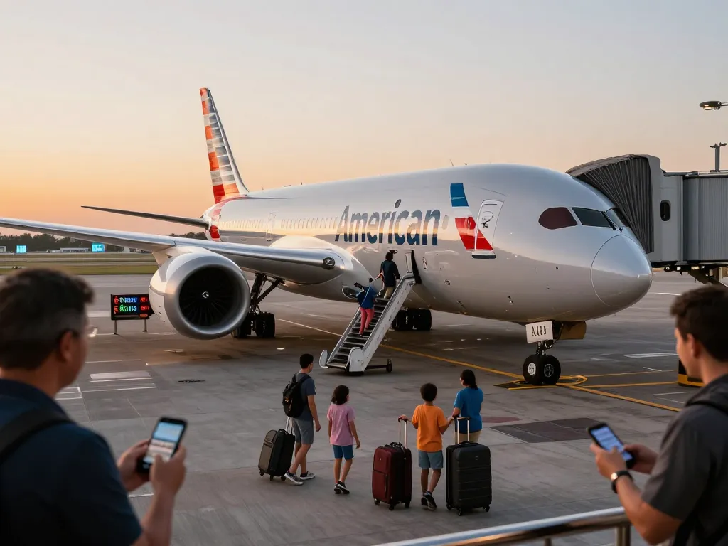 Excited travelers boarding the American Airlines 789P during sunset at the airport.
