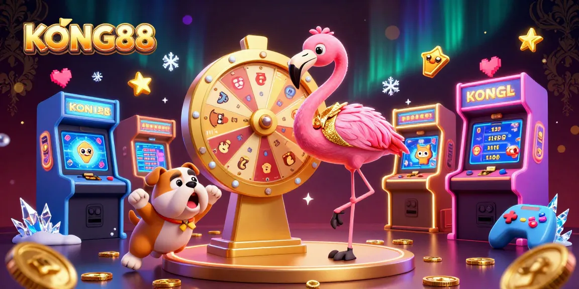 KONG88 showcases a vibrant casino atmosphere with a flamingo host, excited bulldog contestant, and prize scoreboard in a festive scene.