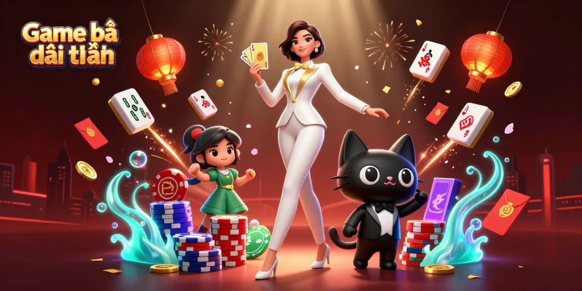 Engage in Game bài đổi thưởng with a glamorous dealer and a whimsical black cat at a luxurious casino scene.