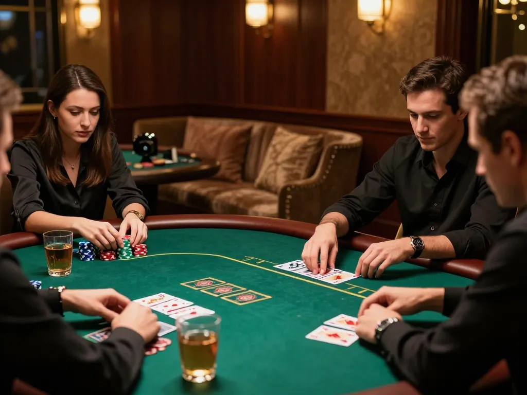 KJC players engage in a tense poker game in an upscale private room, showcasing strategic decision-making and elegant decor