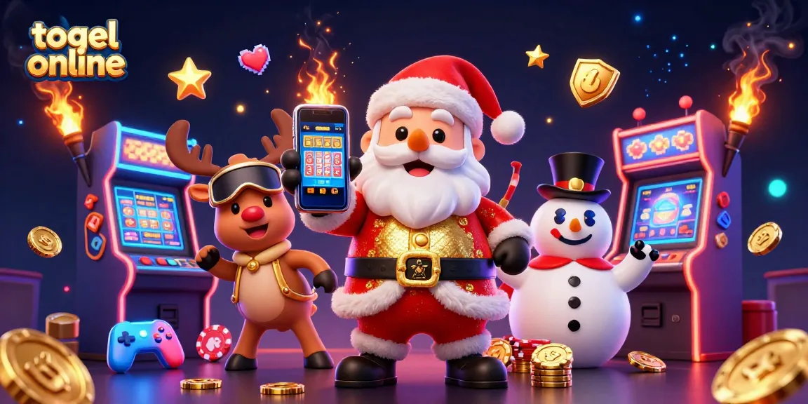 Spin to win with togel online in this vibrant 3D illustration featuring Santa and friends.