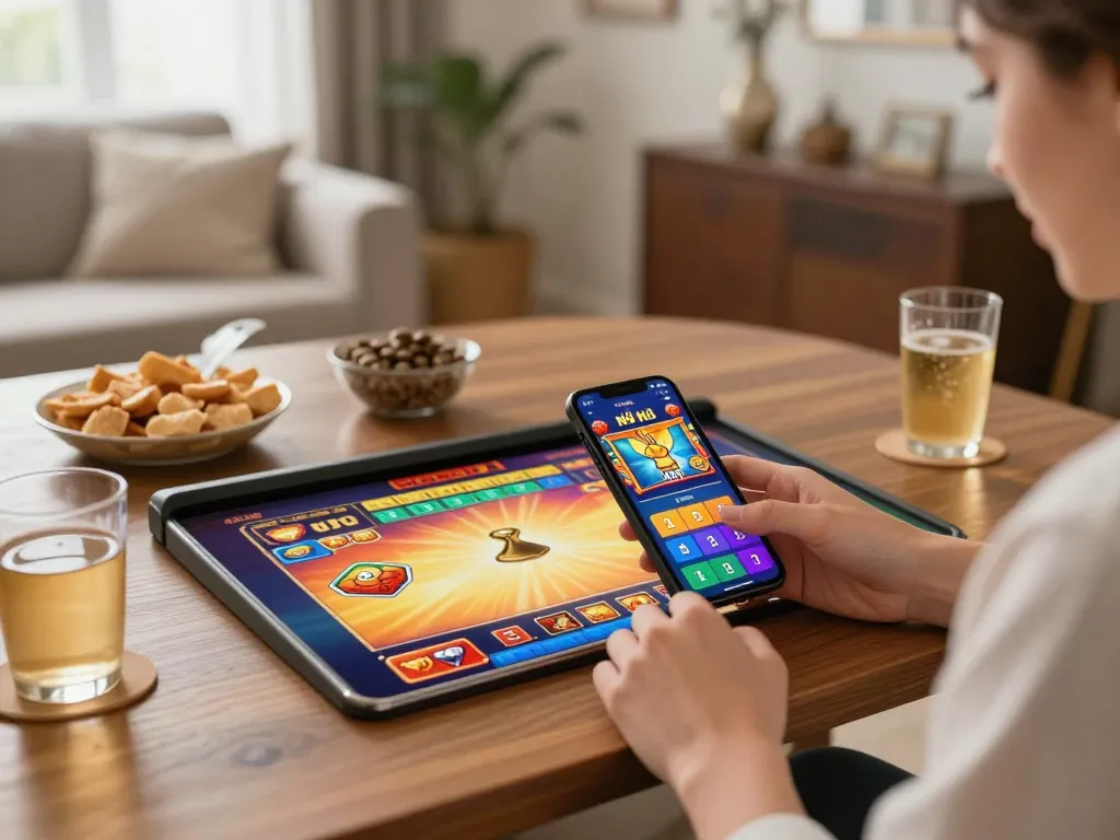 Engaging with nổ hũ game on a mobile app in a cozy home setting
