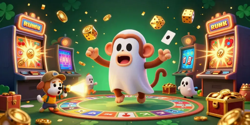 Menggoda dalam permainan aplikasi rummy tour dengan kucing hantu dan koin emas melayang.