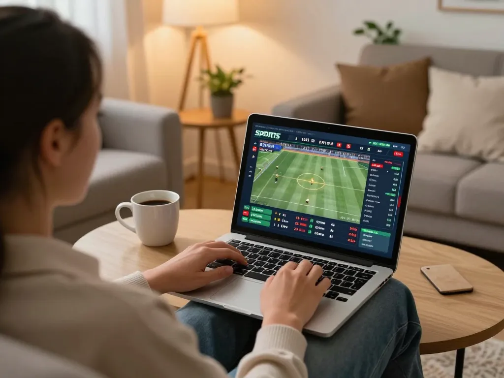 Xoilac users enjoying live sports betting at home with a laptop and engaging interface