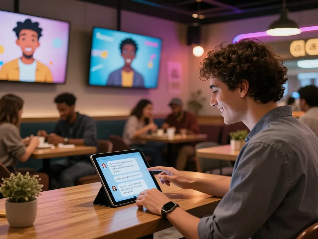 Interactive NSFW AI chat experience capturing a vibrant digital café atmosphere with engaging avatars.