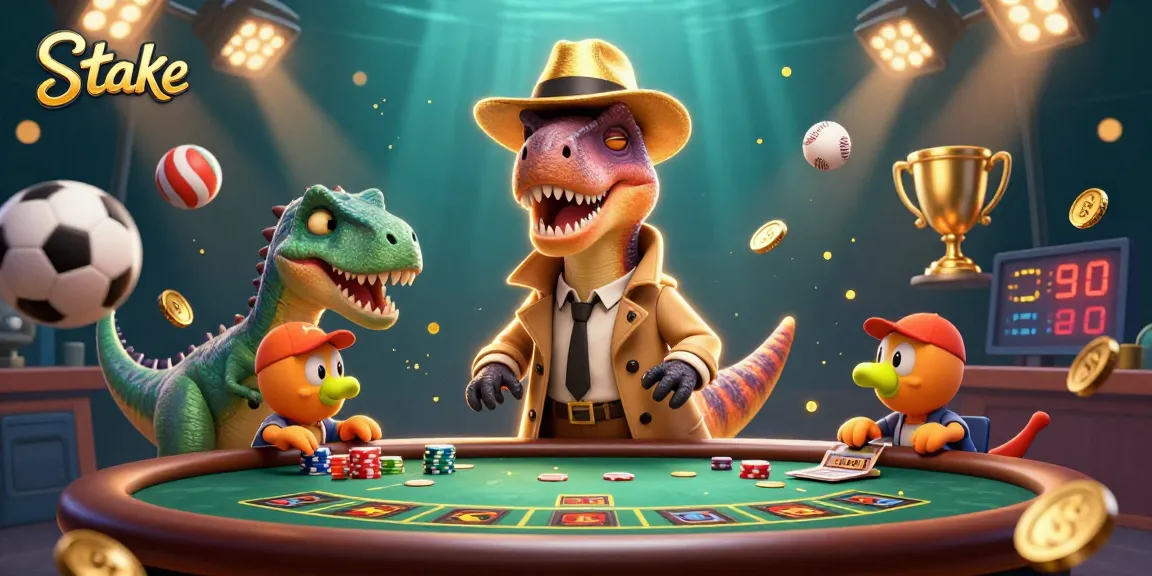 Stake showcases a cartoon velociraptor at a blackjack table amidst dynamic sports betting elements.