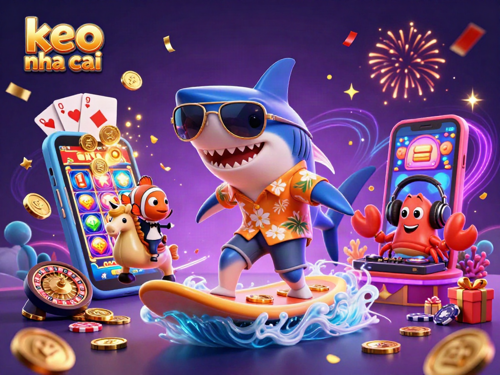 Experience keo nha cai fun with a charismatic shark surfing on gold coins as vibrant casino elements explode around.