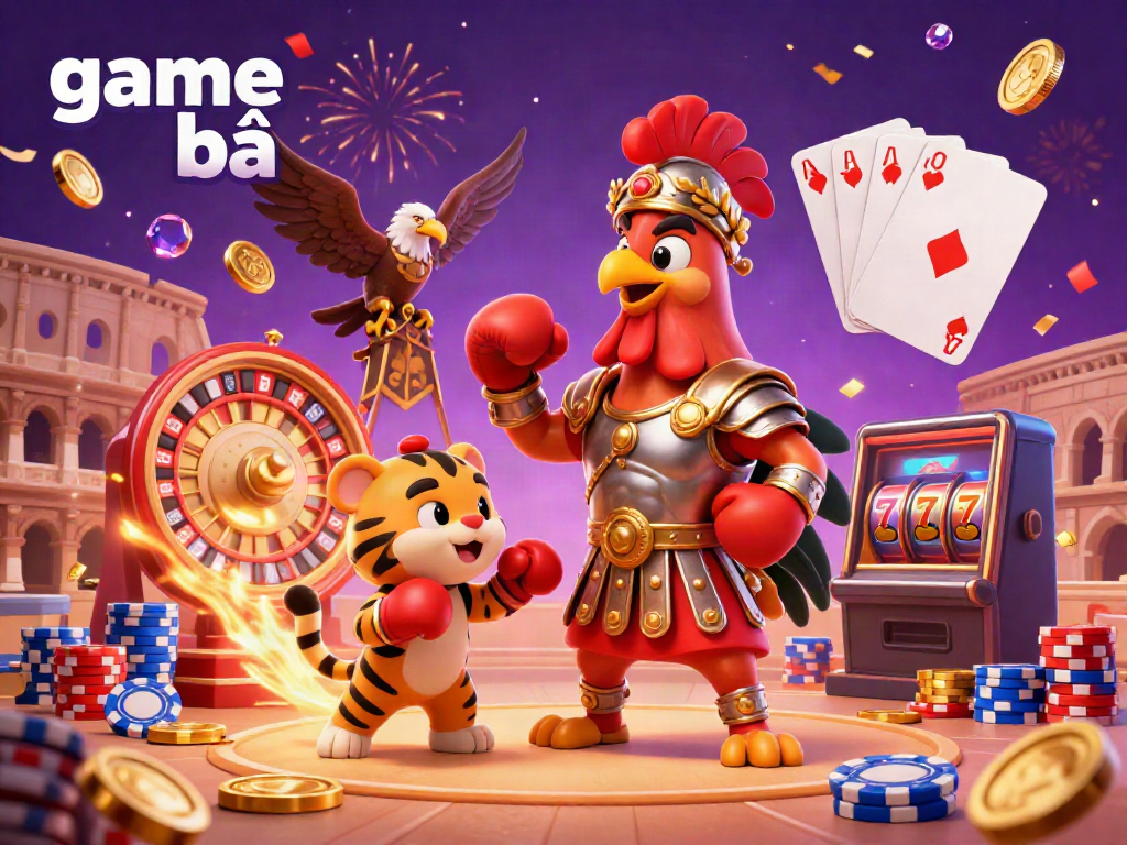 Engaging 3D illustration of game bài action with rooster, tiger cub, and poker elements.