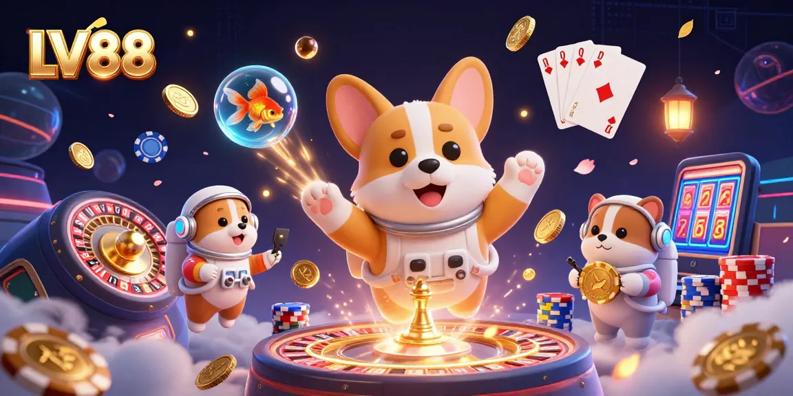 Experience thrilling gaming at LV88 with a floating astronaut corgi, casino elements, and animated gold coins.