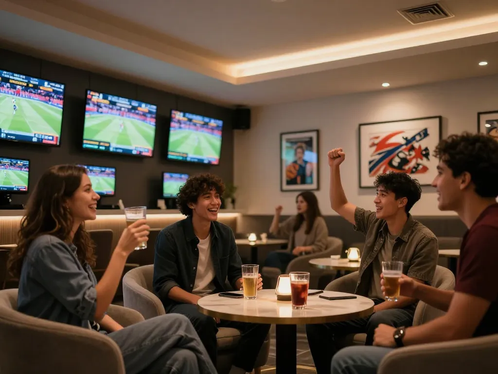 Friends enjoying the excitement of sports betting at 88aa's elegant lounge atmosphere