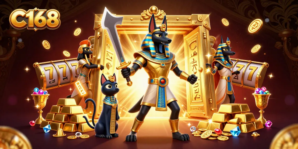 C168 Ancient Egyptian warriors engage in dynamic slot action, revealing treasures and excitement in the casino.