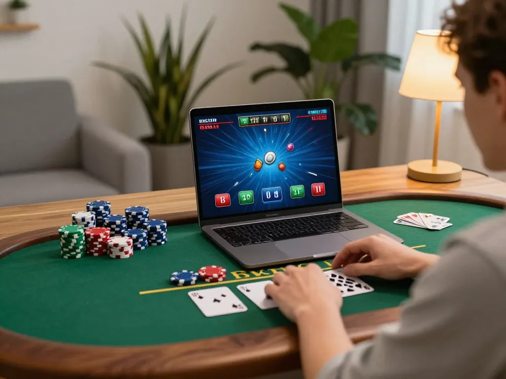 Player enjoying online blackjack at home with gen-e strategy notes nearby