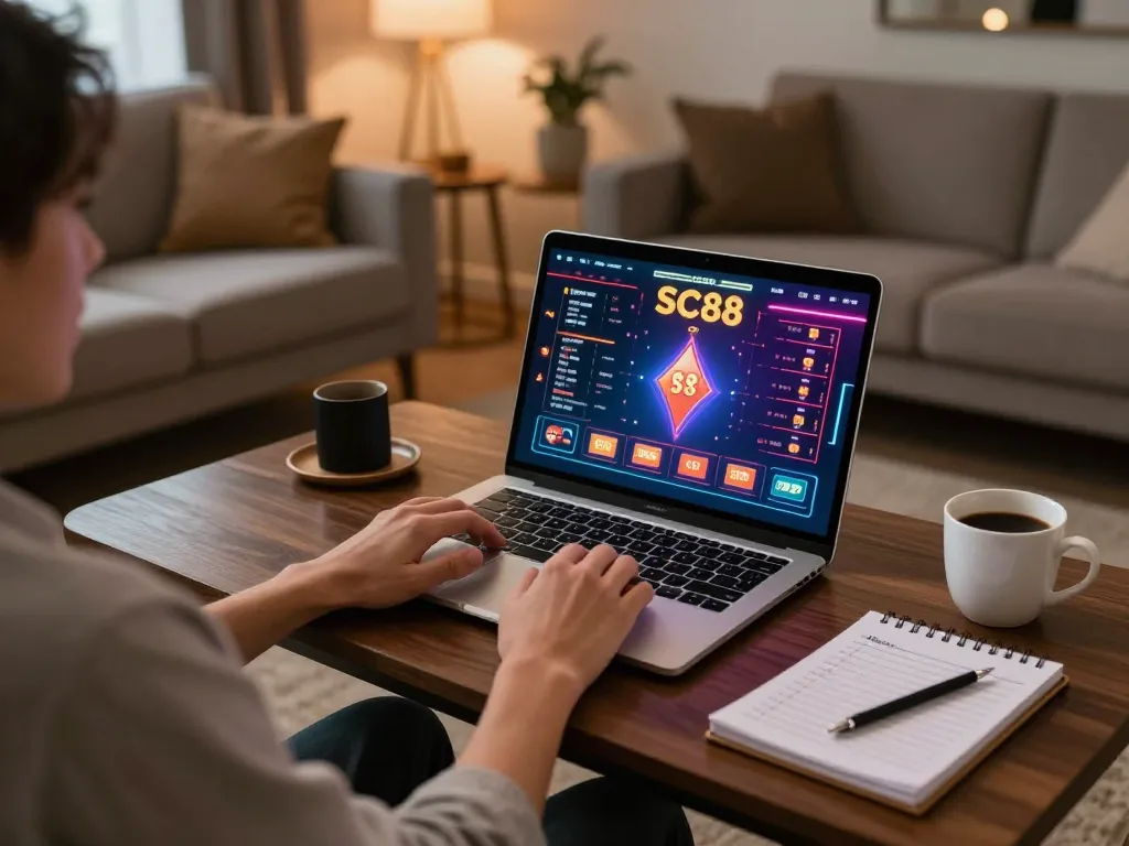 Enjoying SC88 games at home, engaging with vibrant online casino gaming on a sleek laptop.