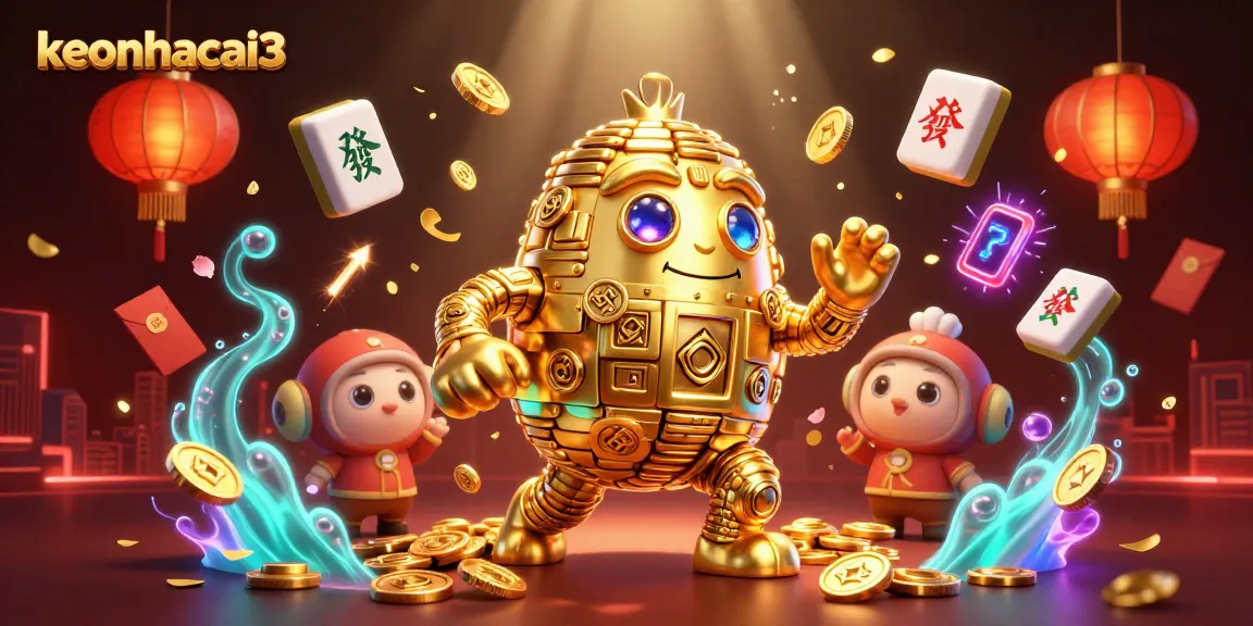 Engage with keonhacai3 as a golden golem reveals exciting slots in a vibrant casino scene.