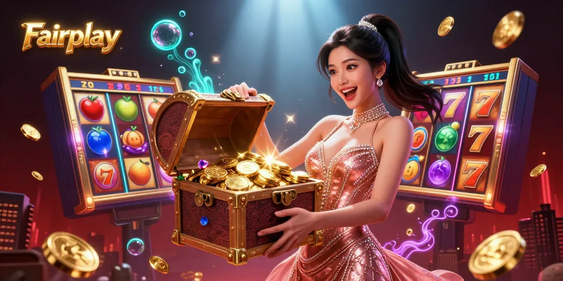 Experience Fairplay excitement as a glamorous dealer presents treasures in a vibrant casino scene.