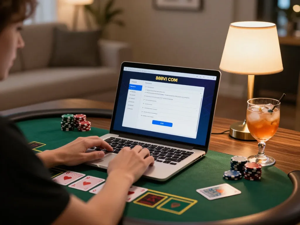 Engaging online gaming moment with 888VI COM on a laptop, showcasing strategic gameplay.