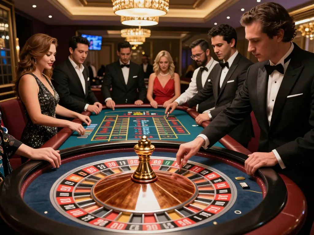 iWin players engaging in an exciting roulette game with vibrant atmosphere and professional croupier.