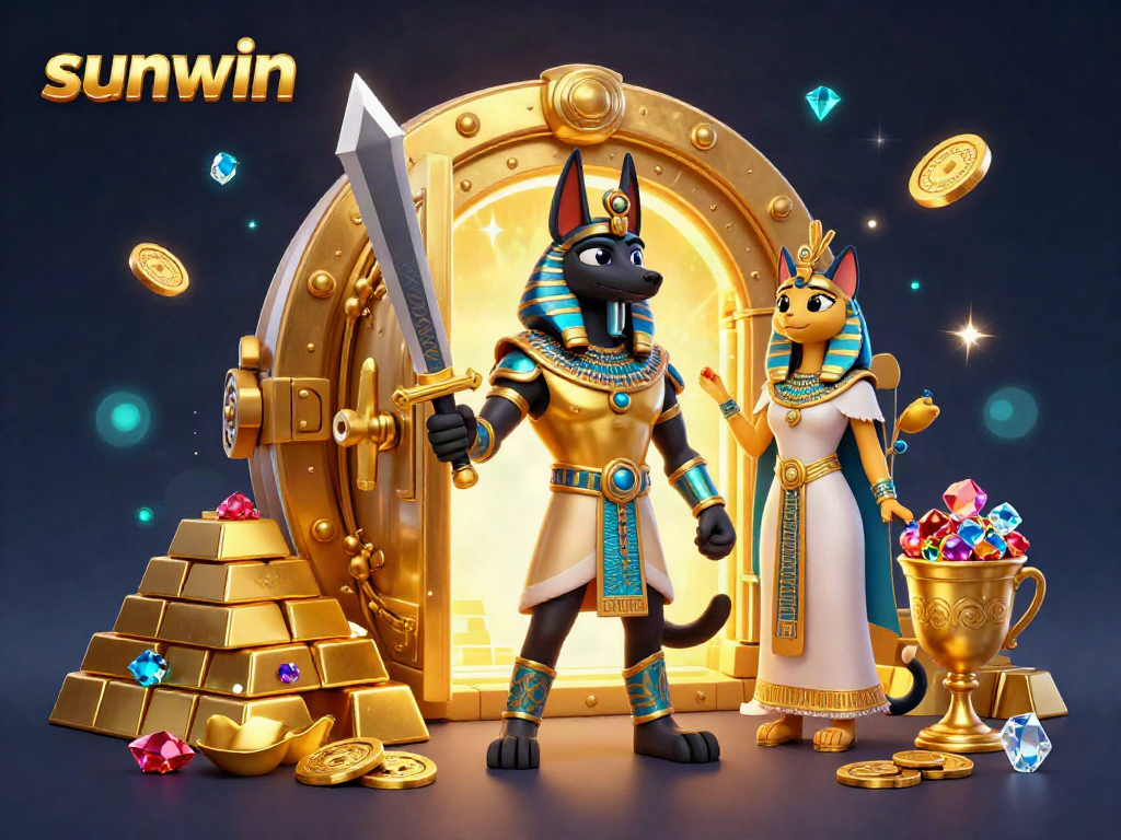 Experience thrilling gameplay with sunwin as Anubis guards hidden treasures in a vibrant casino adventure.