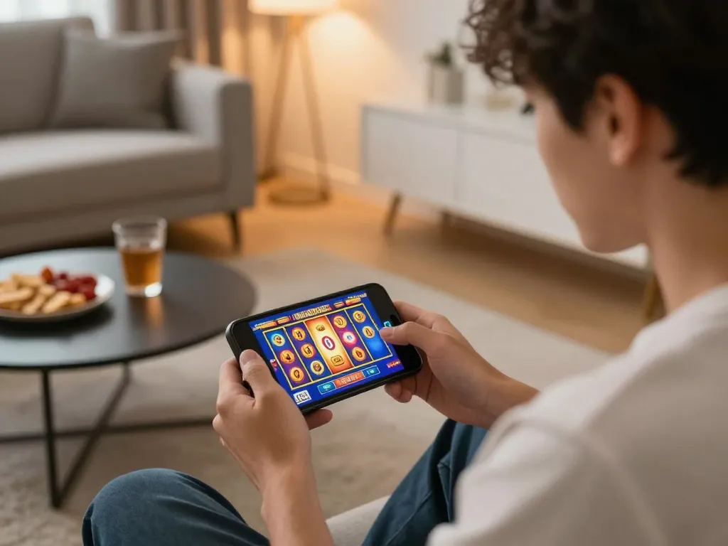 Engaging in immersive online slots gameplay with good88 on a smartphone at home.